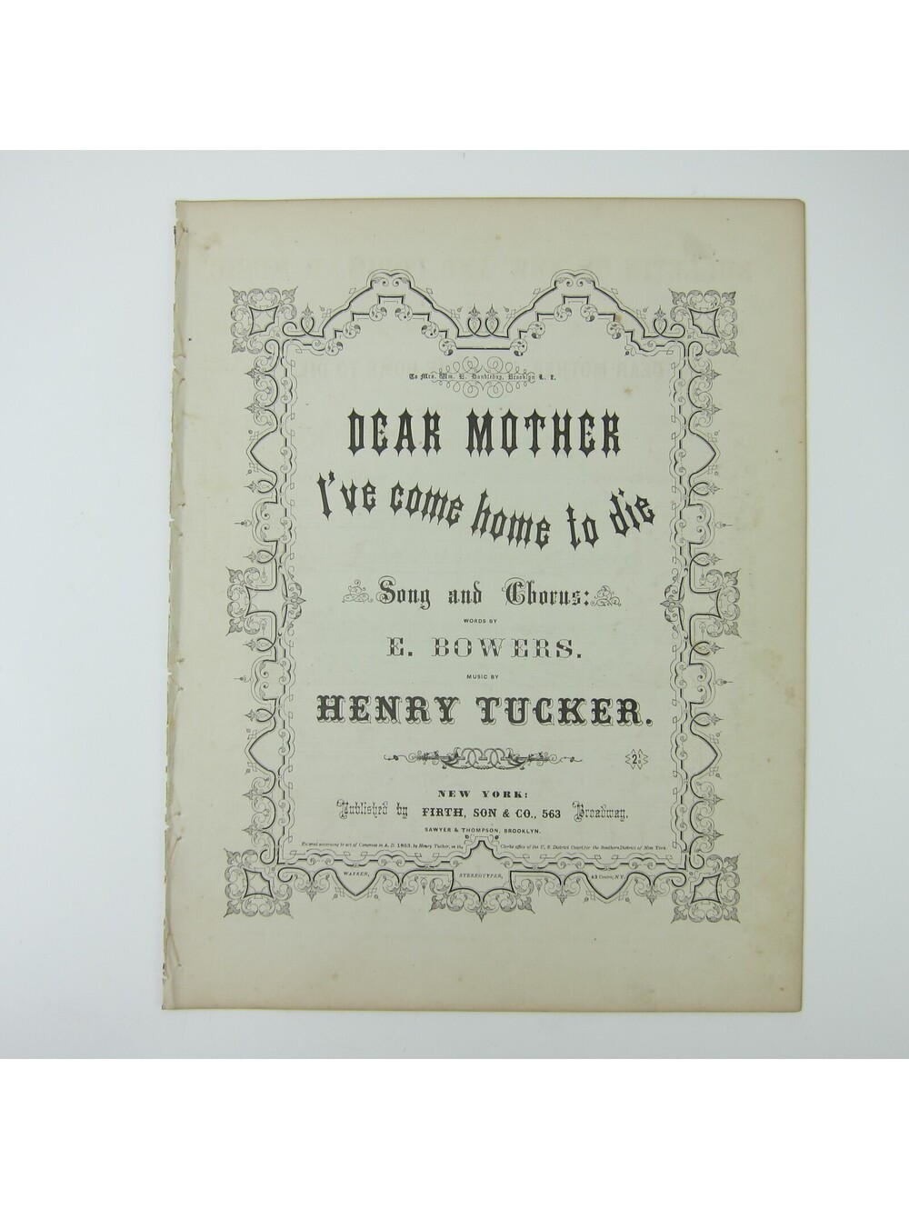 Sheet Music Civil War Dear Mother I've Come Home To Die Tucker Antique 1863